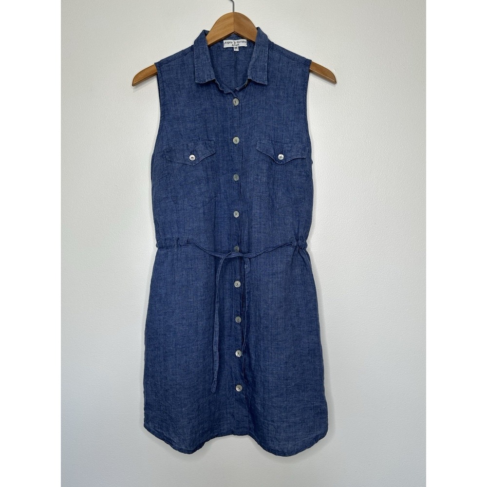 Angela Romano Amalfi Shirtdress Size M Blue Linen Sleeveless Cinch Waist